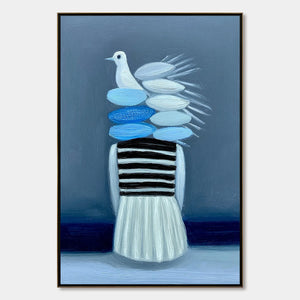 Original impasto figurative painting with dove motif. Modern wall art in blue, white & grey tones.