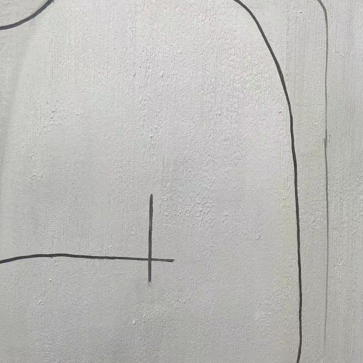 Javier Ramirez abstract art detail: textured neutral canvas with flowing black line art and cross.