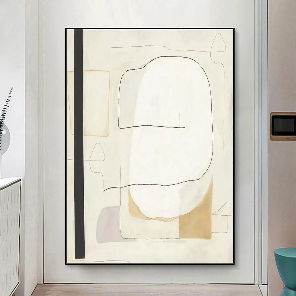 Javier Ramirez minimalist abstract art in neutral tones. Square wall art with black frame, modern decor