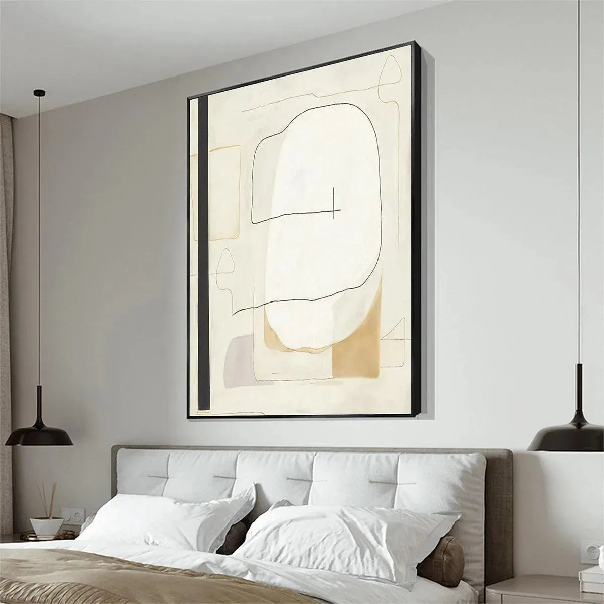 Minimalist Abstract by Javier Ramirez, neutral tones with black lines, modern wall art for bedroom decor.