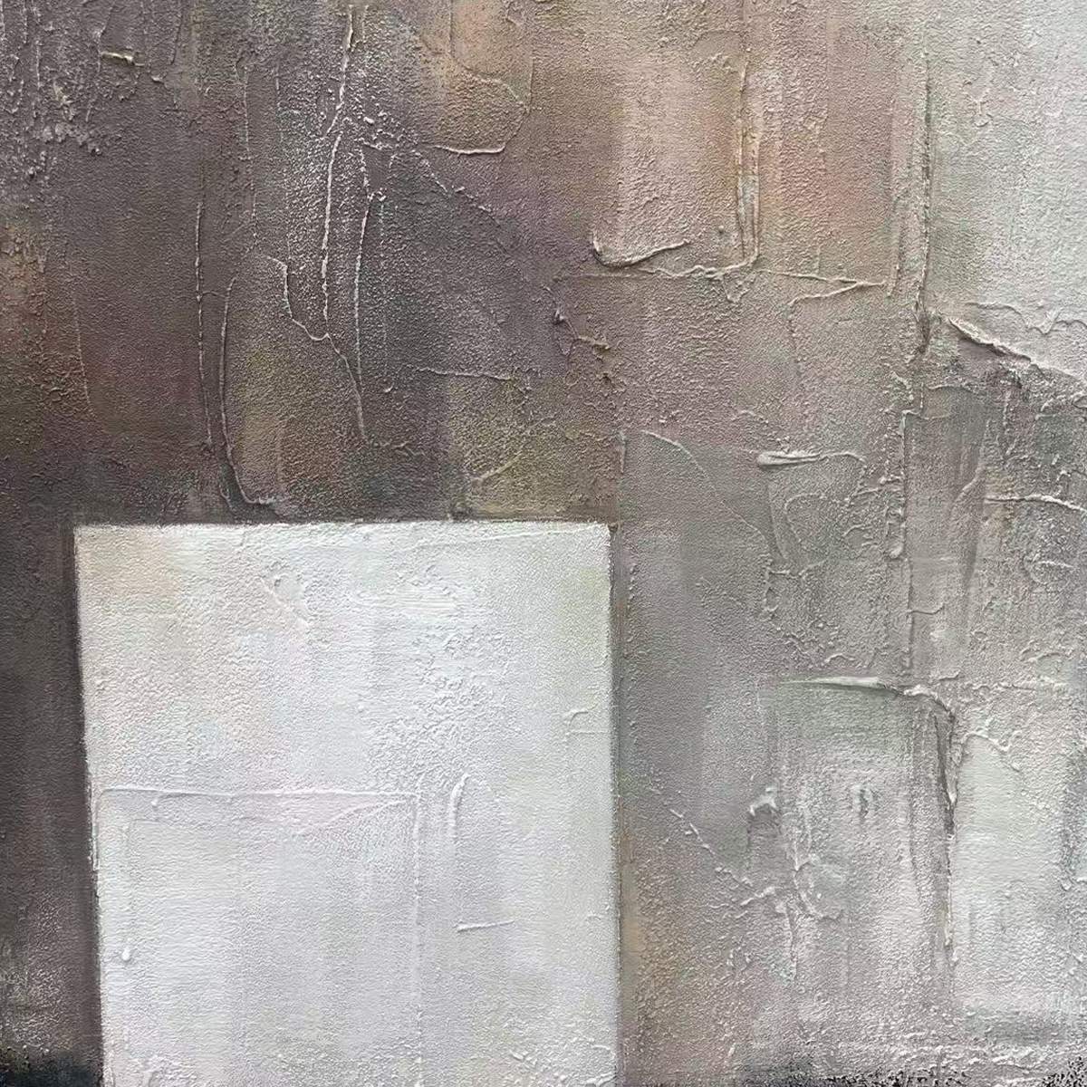 Textured abstract painting with a white rectangle on a muted gray, beige, brown background. Vertical wall art.