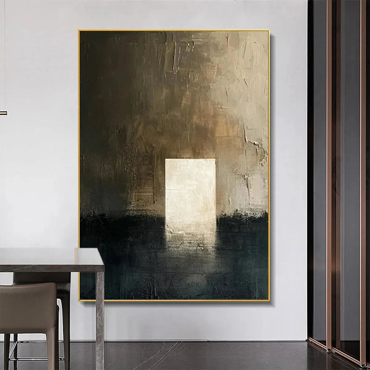 Javier Ramirez Minimalist Doorway abstract art: textured vertical painting in neutral tones with illuminated rectangle.