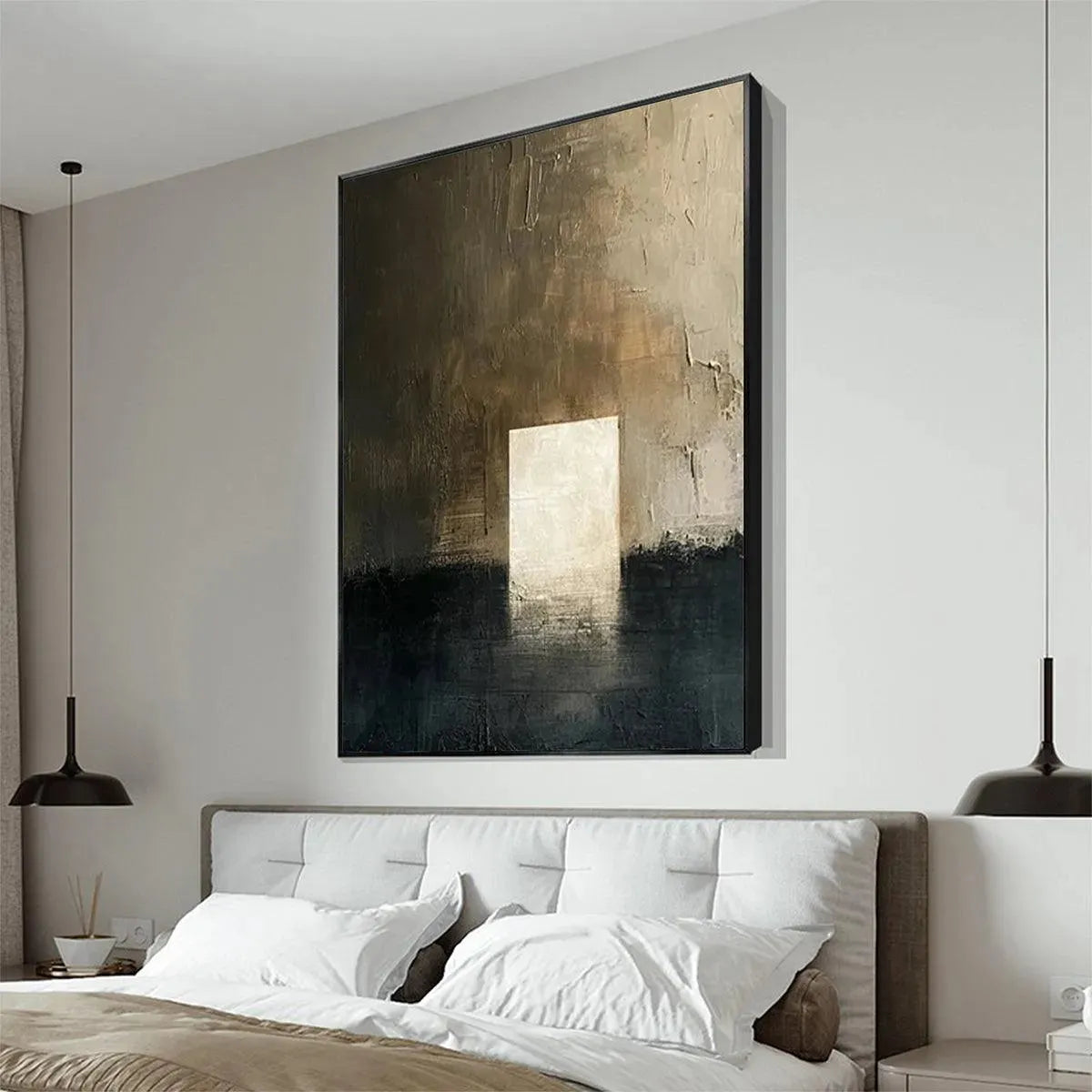 Minimalist Doorway painting by Javier Ramirez, textured abstract art. Vertical, neutral tones for wall art.