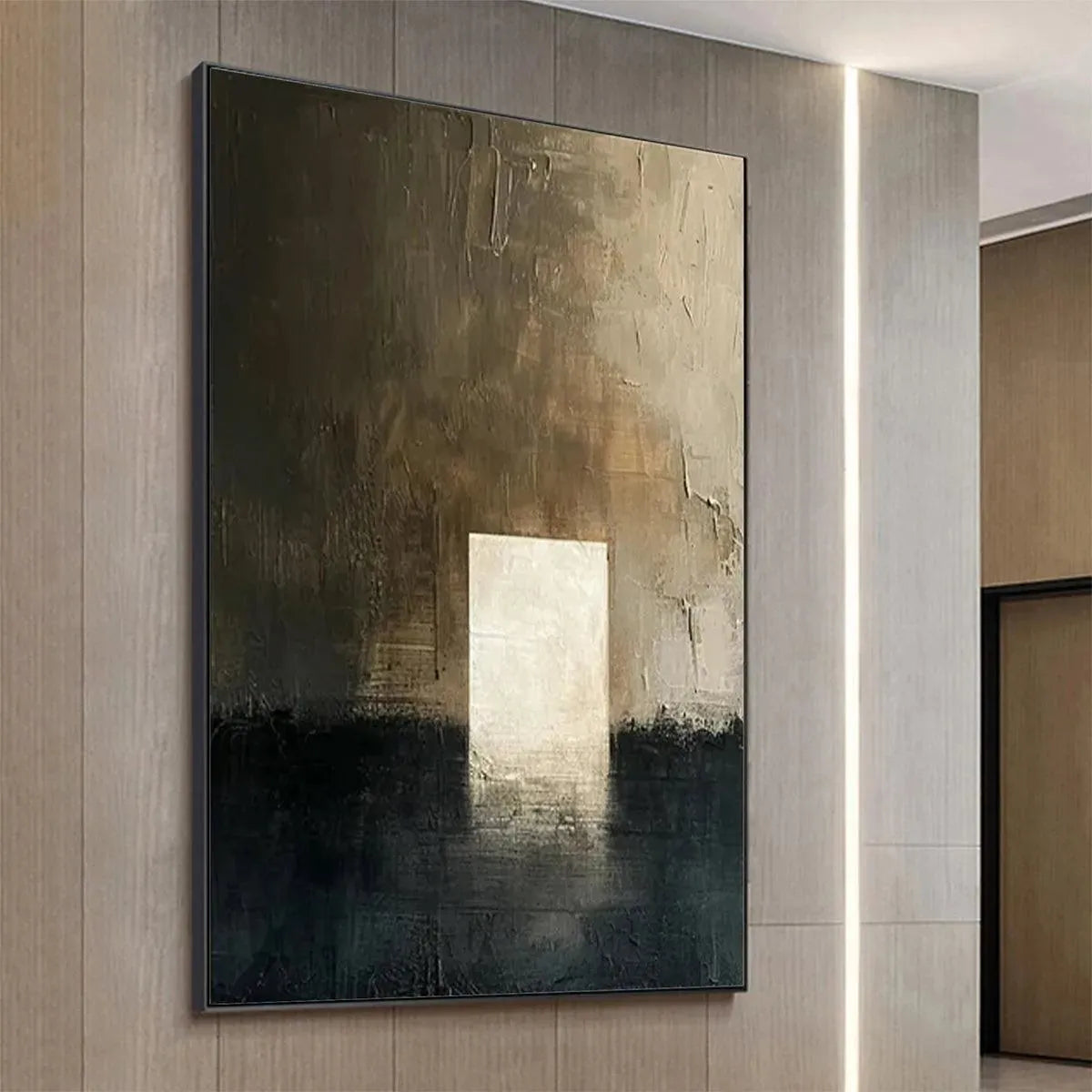 Javier Ramirez 'Minimalist Doorway' abstract painting, vertical wall art, textured canvas, neutral tones, elegant expression.