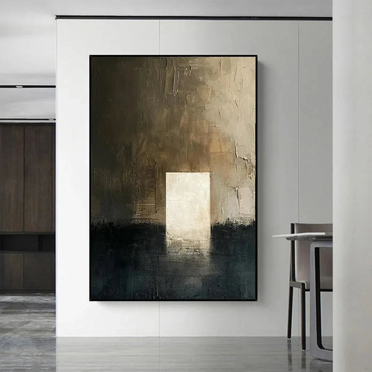 Minimalist Doorway abstract painting by Javier Ramirez, textured wall art with illuminated rectangle and neutral tones.