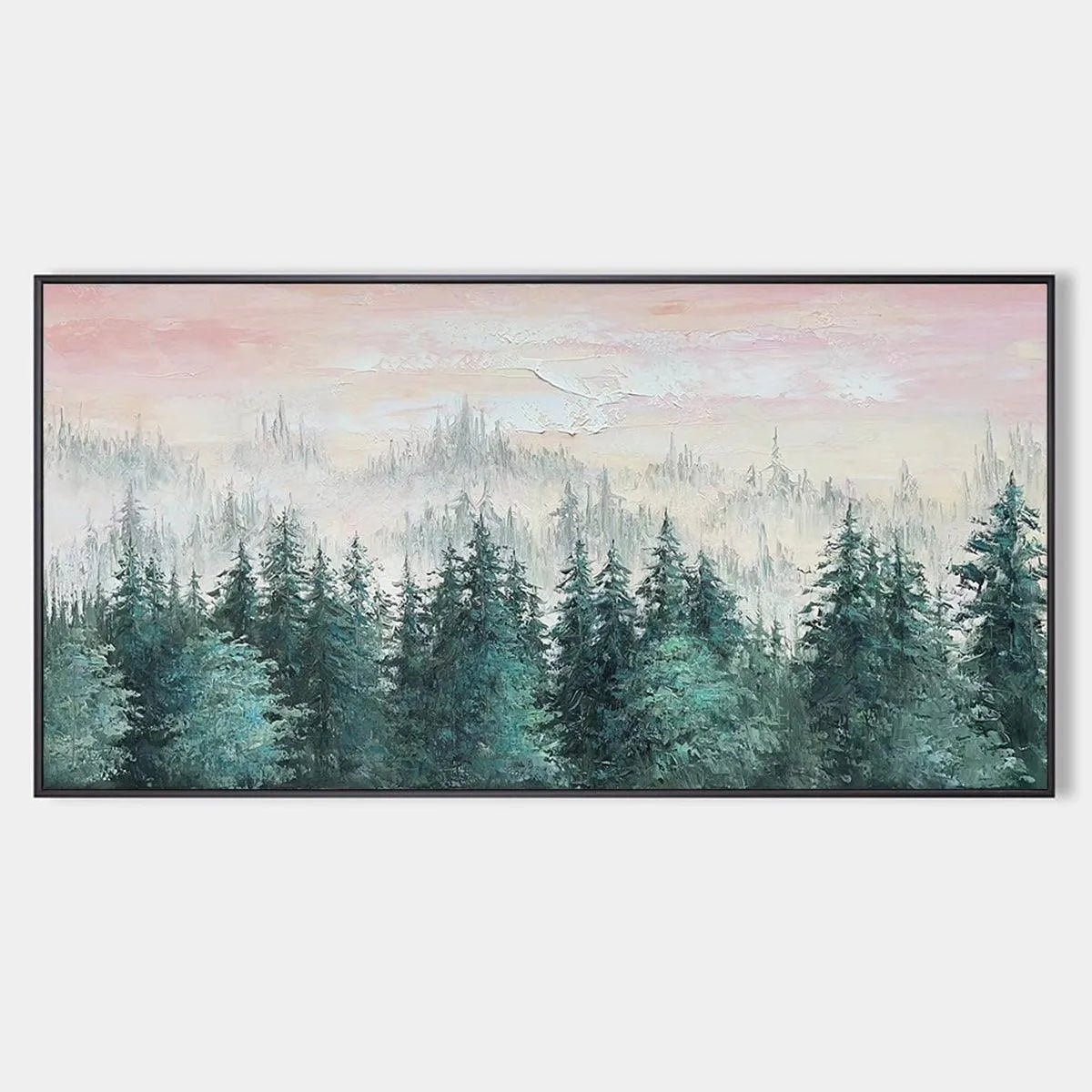 Panoramic Forest Landscape Painting, Misty Trees, Green