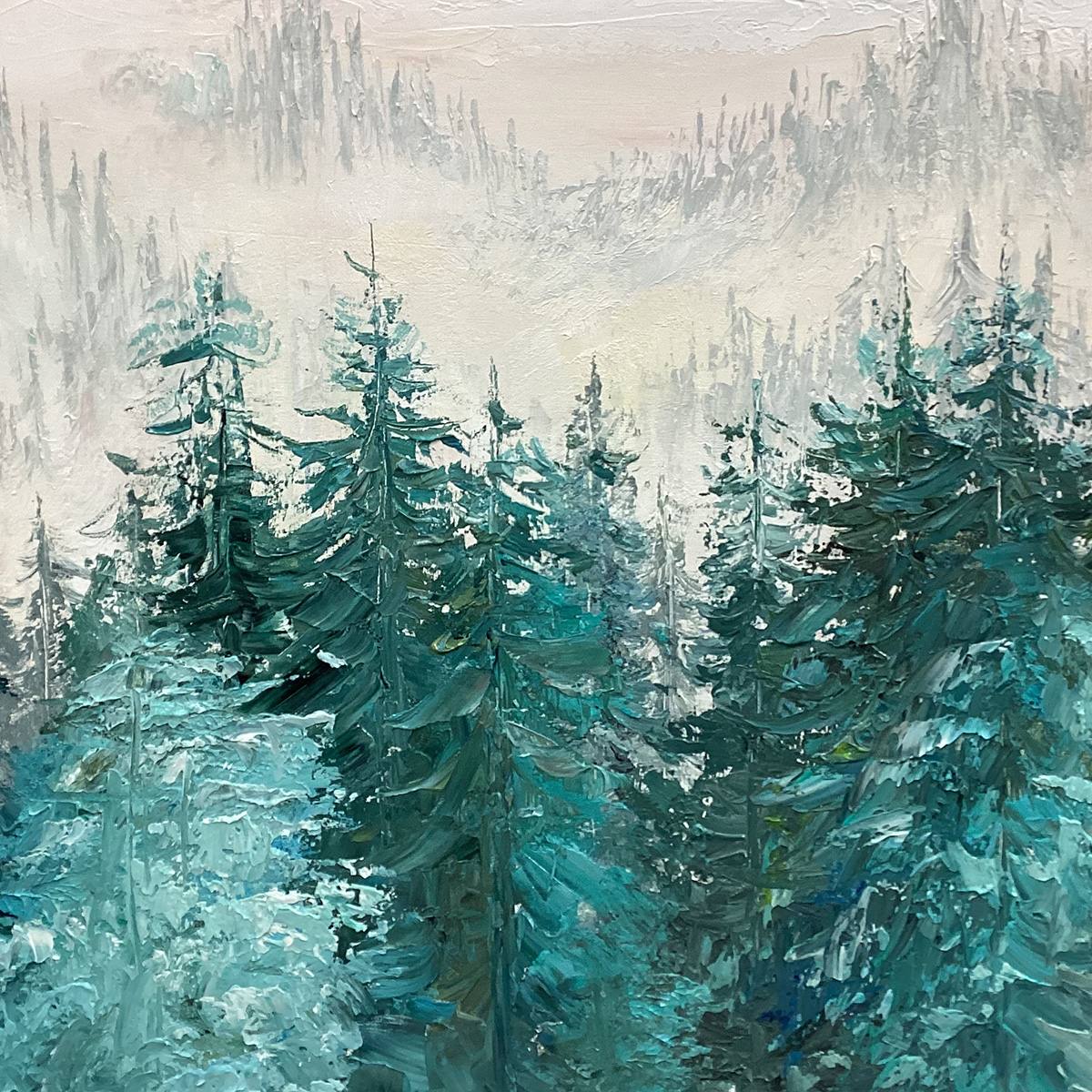 MISTY PINES: Panoramic Forest Landscape Painting, Misty Trees, Green