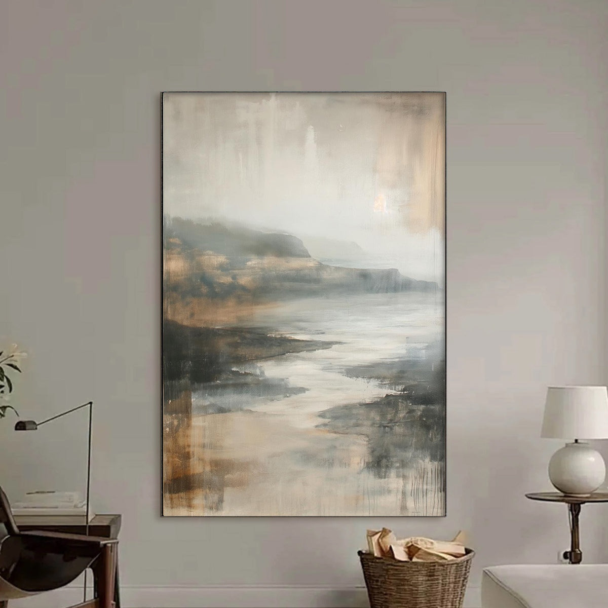MISTY SHORES: Minimalist Coastal Landscape Oil Painting