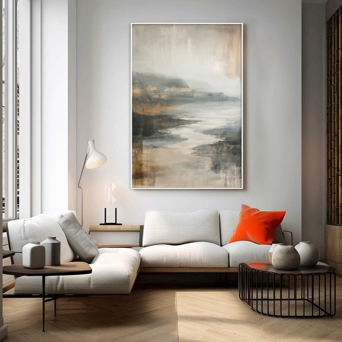 MISTY SHORES: Minimalist Coastal Landscape Oil Painting