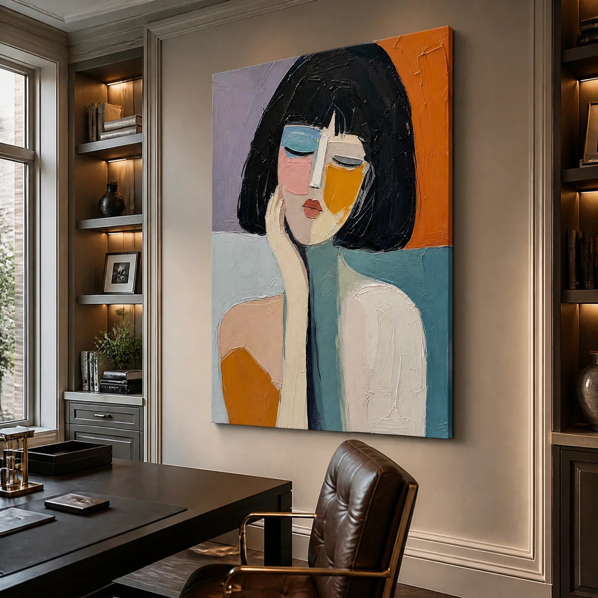 Frameless, gallery-wrapped abstract portrait painting, featured in a professional home office setting.