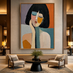 Large-scale abstract figurative oil painting with a wooden frame, displayed as a statement piece in a luxurious hotel lobby.