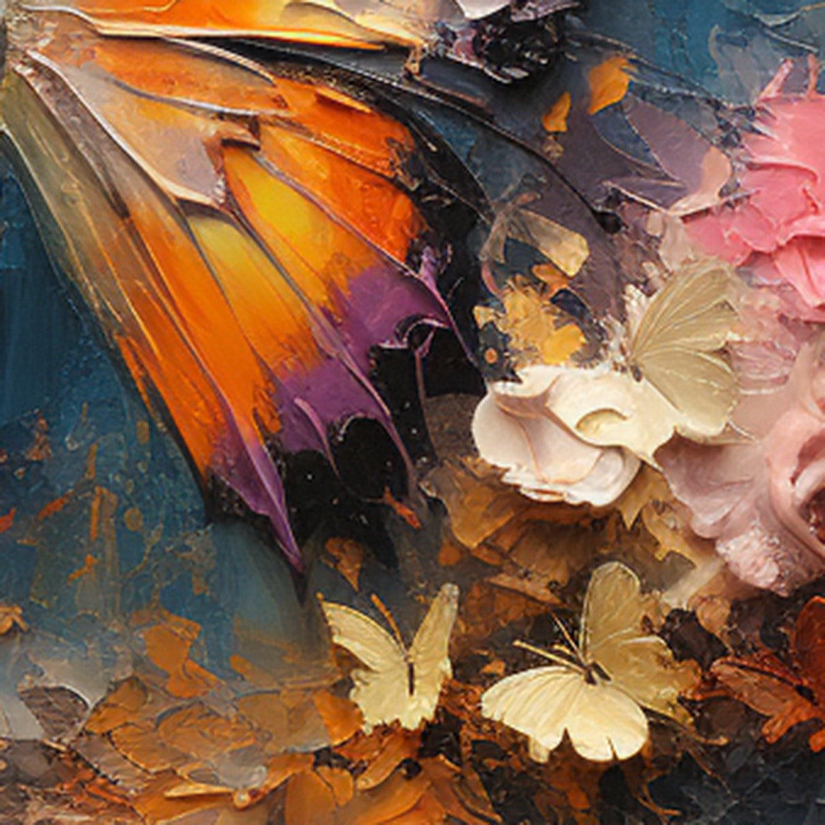 Monarch's Repose: Orange & Purple Butterfly Floral Impasto Oil