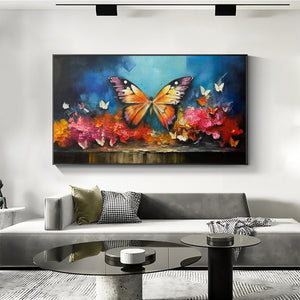 Monarch's Repose: Orange & Purple Butterfly Floral Impasto Oil Painting Canvas Wall Art