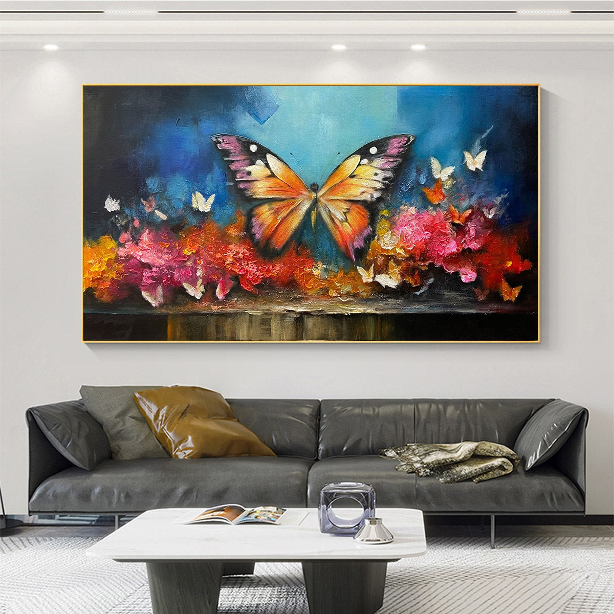 Monarch's Repose: Orange & Purple Butterfly Floral Impasto Oil