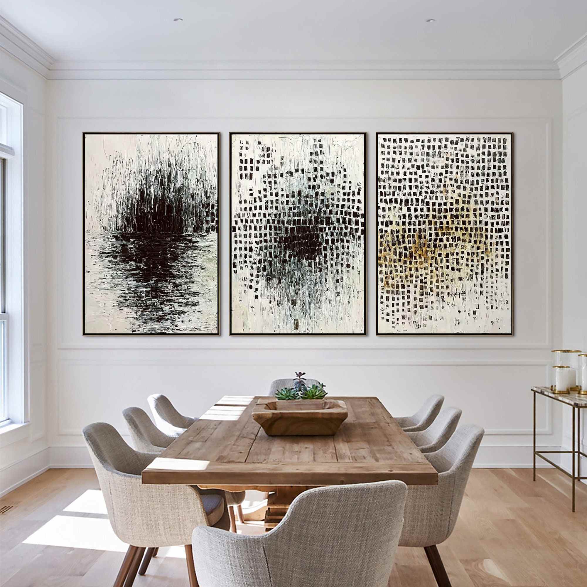 MONOCHROME METAMORPHOSIS: Wabi Sabi Textured Abstract Triptych