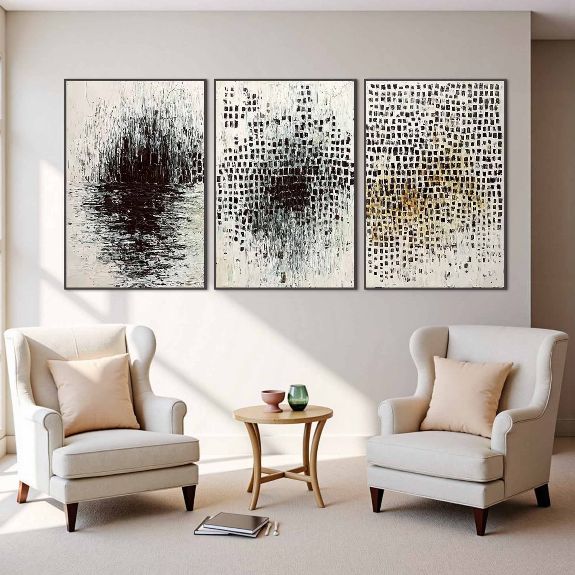 MONOCHROME METAMORPHOSIS: Wabi Sabi Textured Abstract Triptych