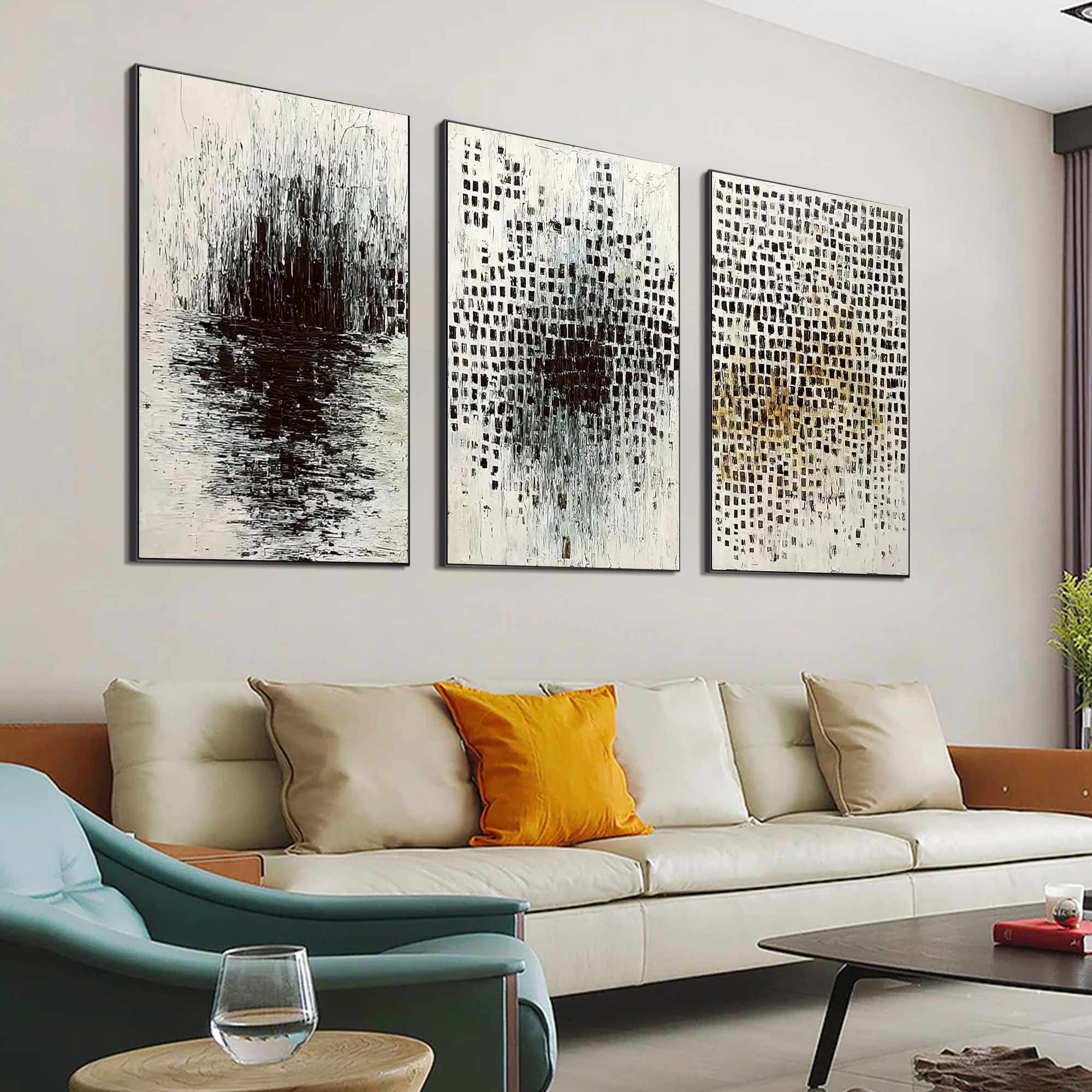 MONOCHROME METAMORPHOSIS: Wabi Sabi Textured Abstract Triptych