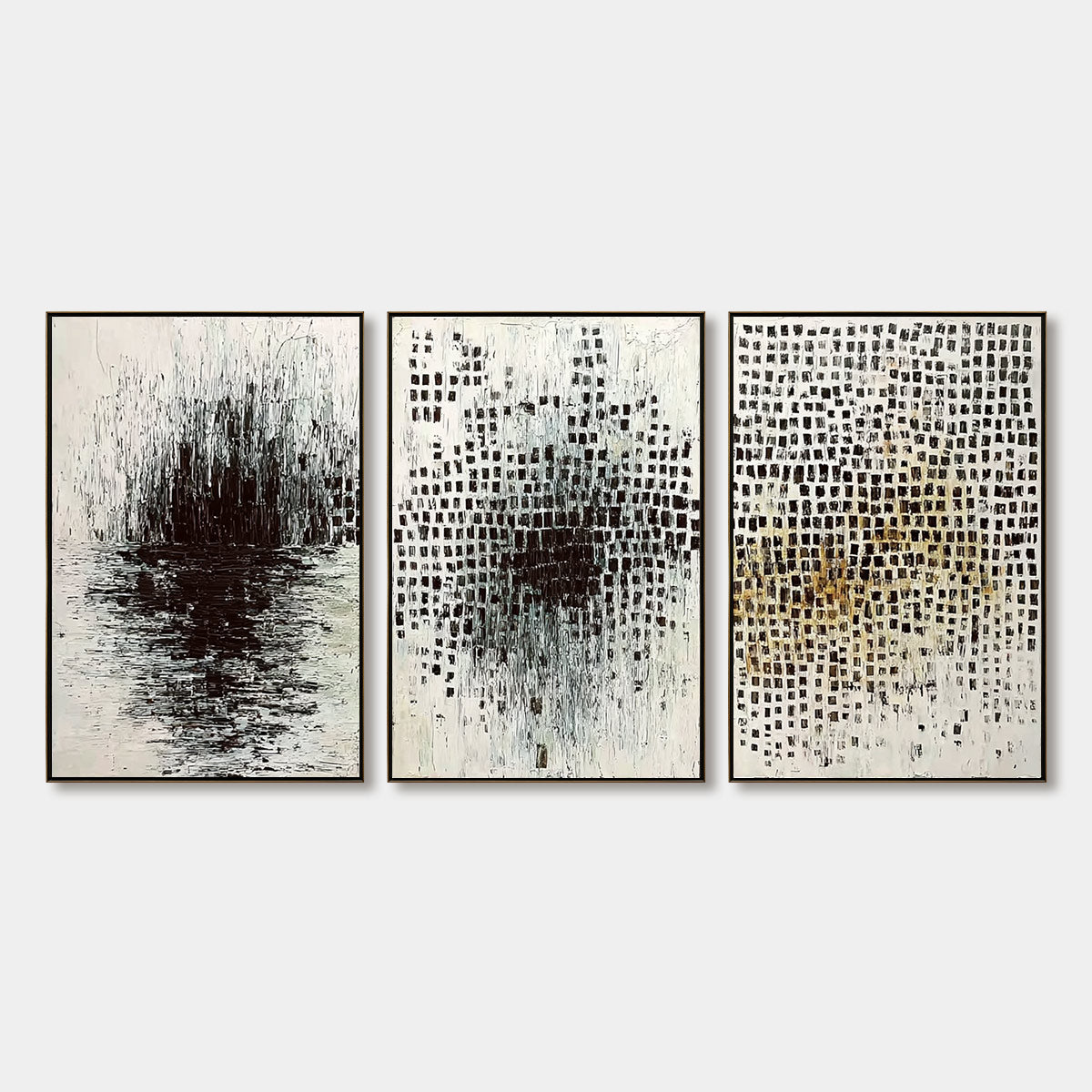 MONOCHROME METAMORPHOSIS: Wabi Sabi Textured Abstract Triptych