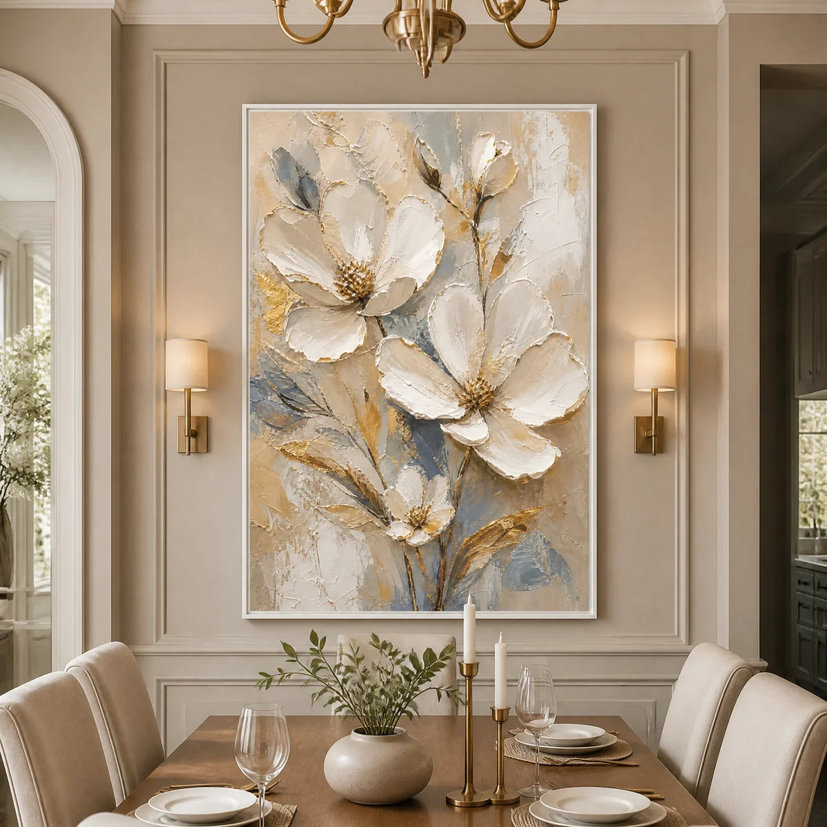 White magnolia floral wall art with gold accents displayed in a refined dining room.