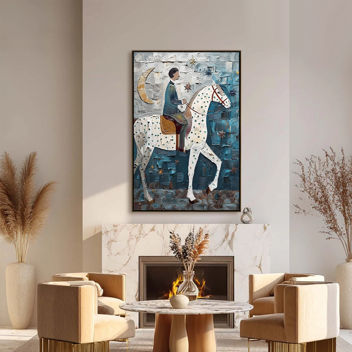 MOONLIT ODYSSEY: Textured Figurative Painting of a Man on Horseback