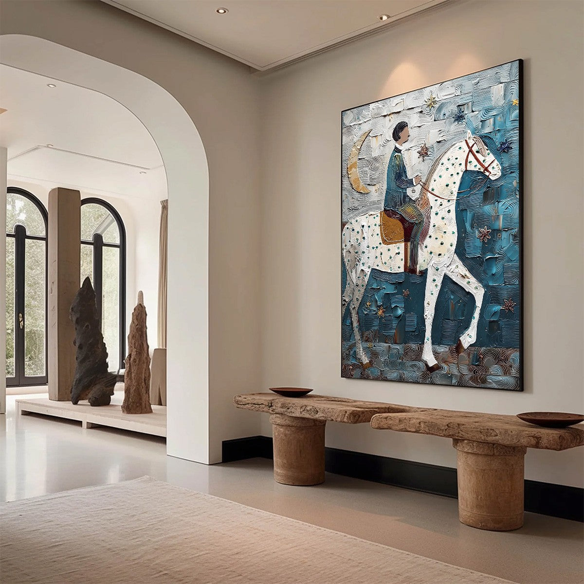 MOONLIT ODYSSEY: Textured Figurative Painting of a Man on Horseback