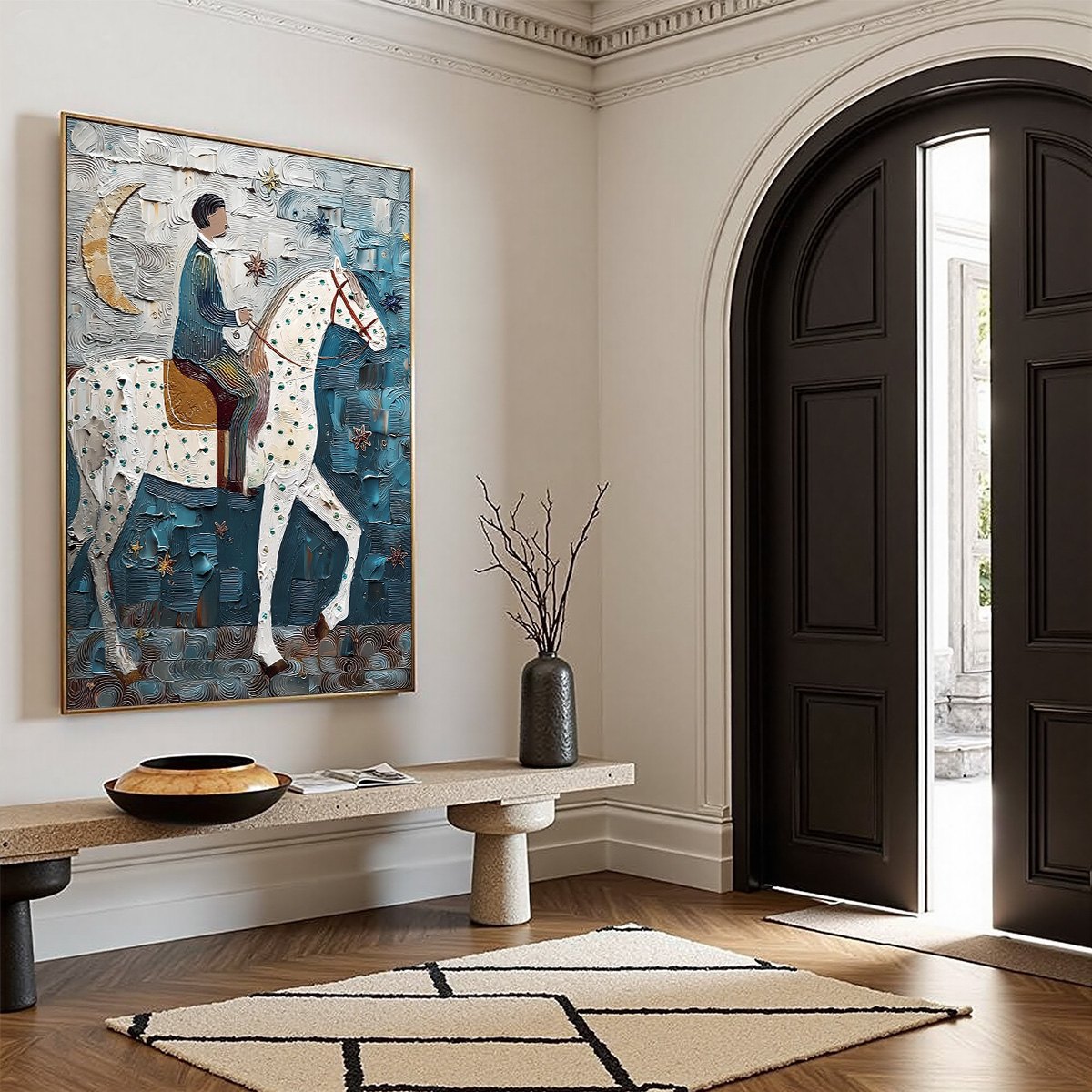 MOONLIT ODYSSEY: Textured Figurative Painting of a Man on Horseback