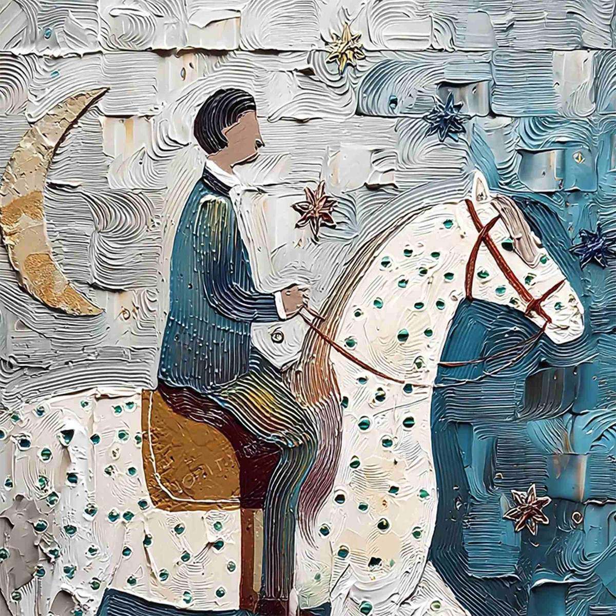 MOONLIT ODYSSEY: Textured Figurative Painting of a Man on Horseback