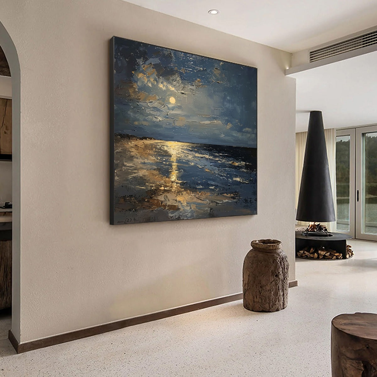 Moonlit Serenity: Impressionist Coastal Night Oil Painting