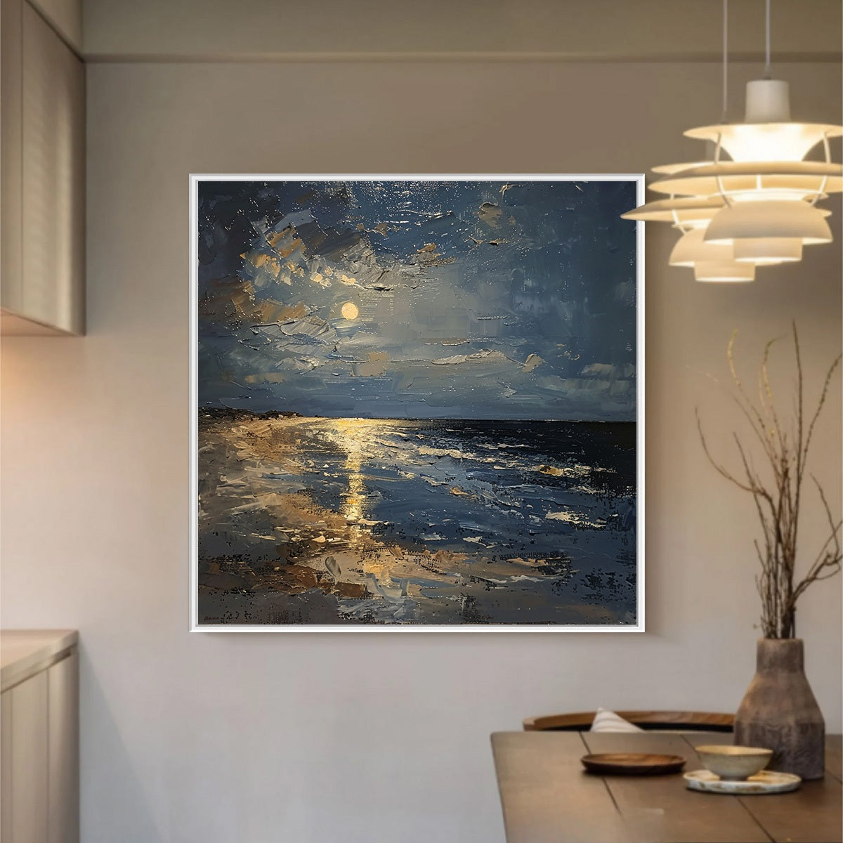 MOONLIT SERENITY: Impressionist Coastal Night Oil Painting