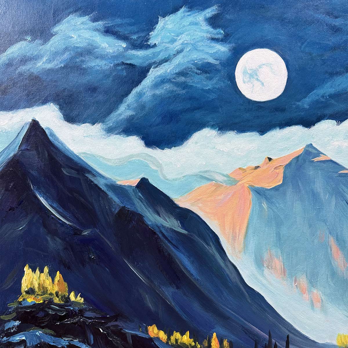 MOONLIT MAJESTY: Panoramic Mountain Landscape Oil Painting with Moon