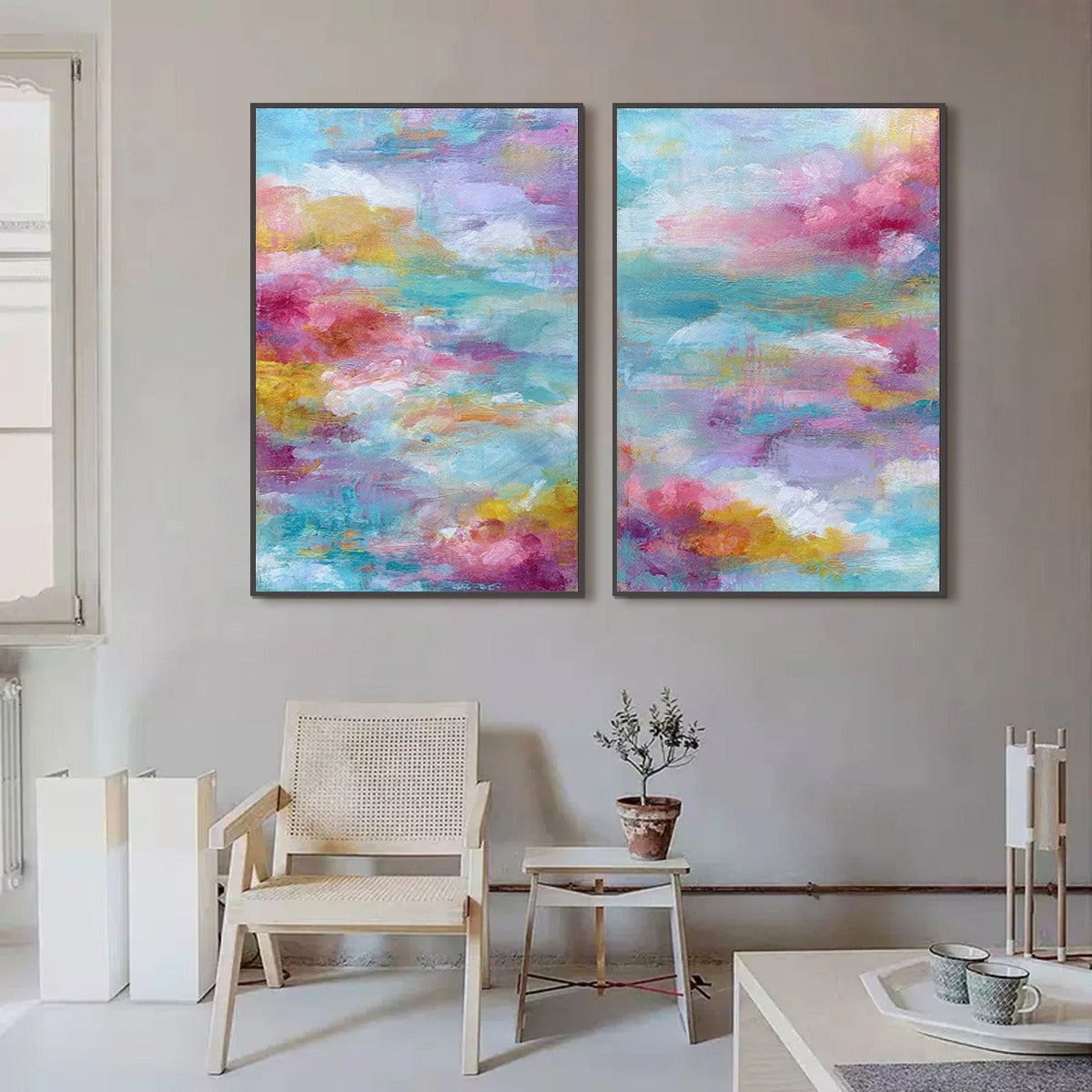 MORNING RAPTURE: Colorful Abstract Cloudscape Painting Set of 2