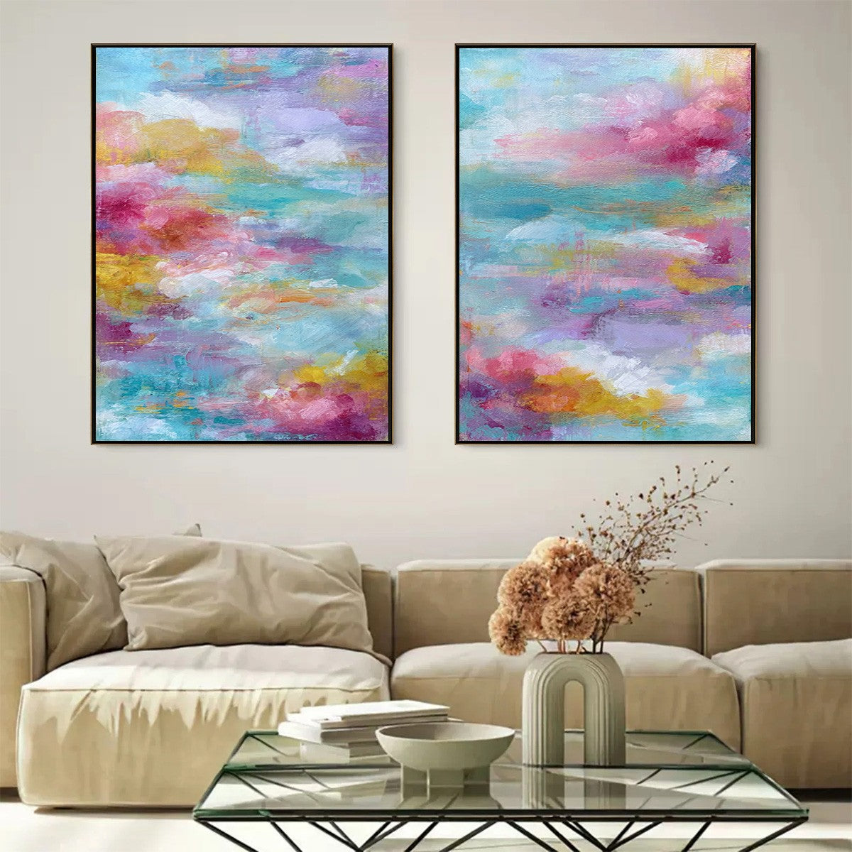 MORNING RAPTURE: Colorful Abstract Cloudscape Painting Set of 2