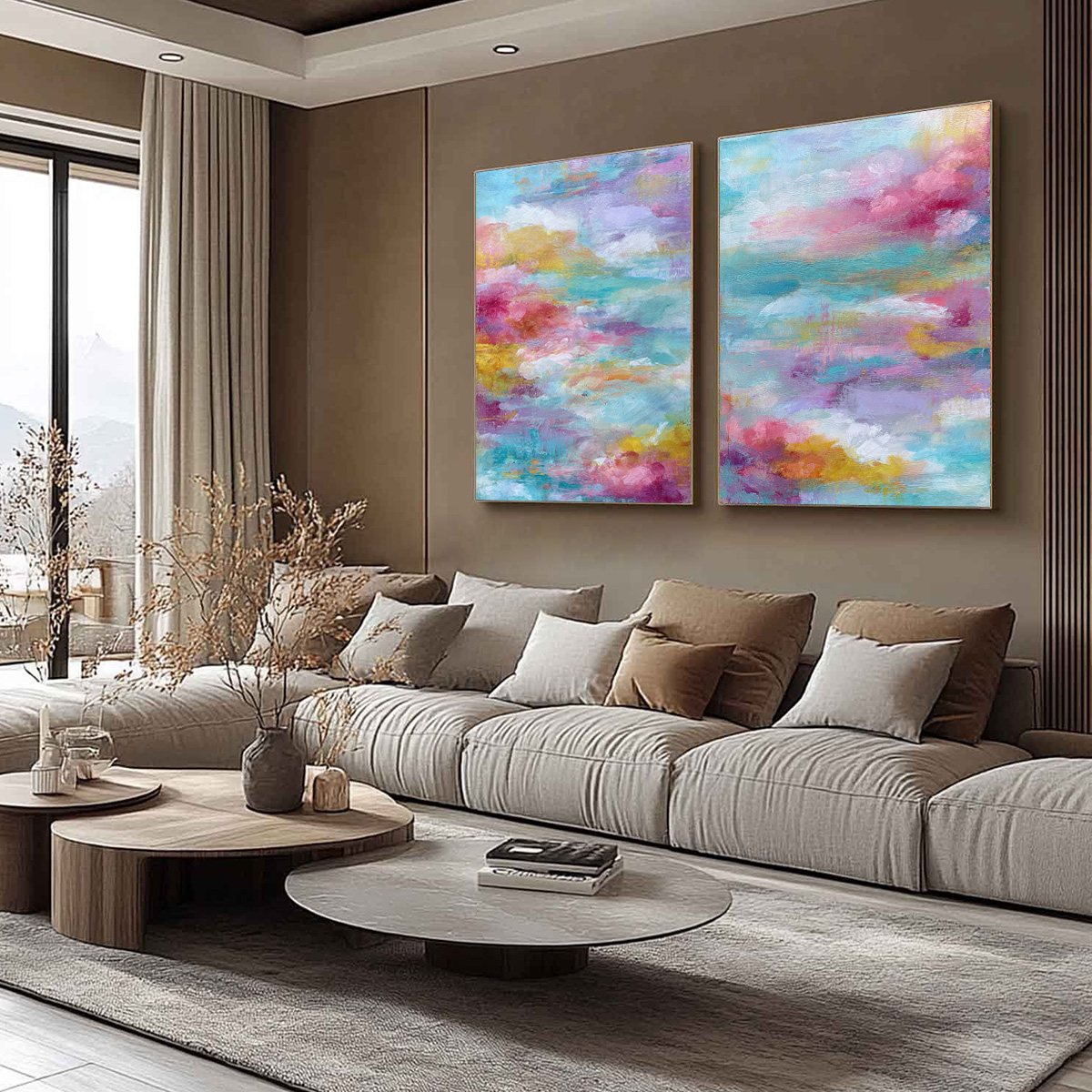 MORNING RAPTURE: Colorful Abstract Cloudscape Painting Set of 2