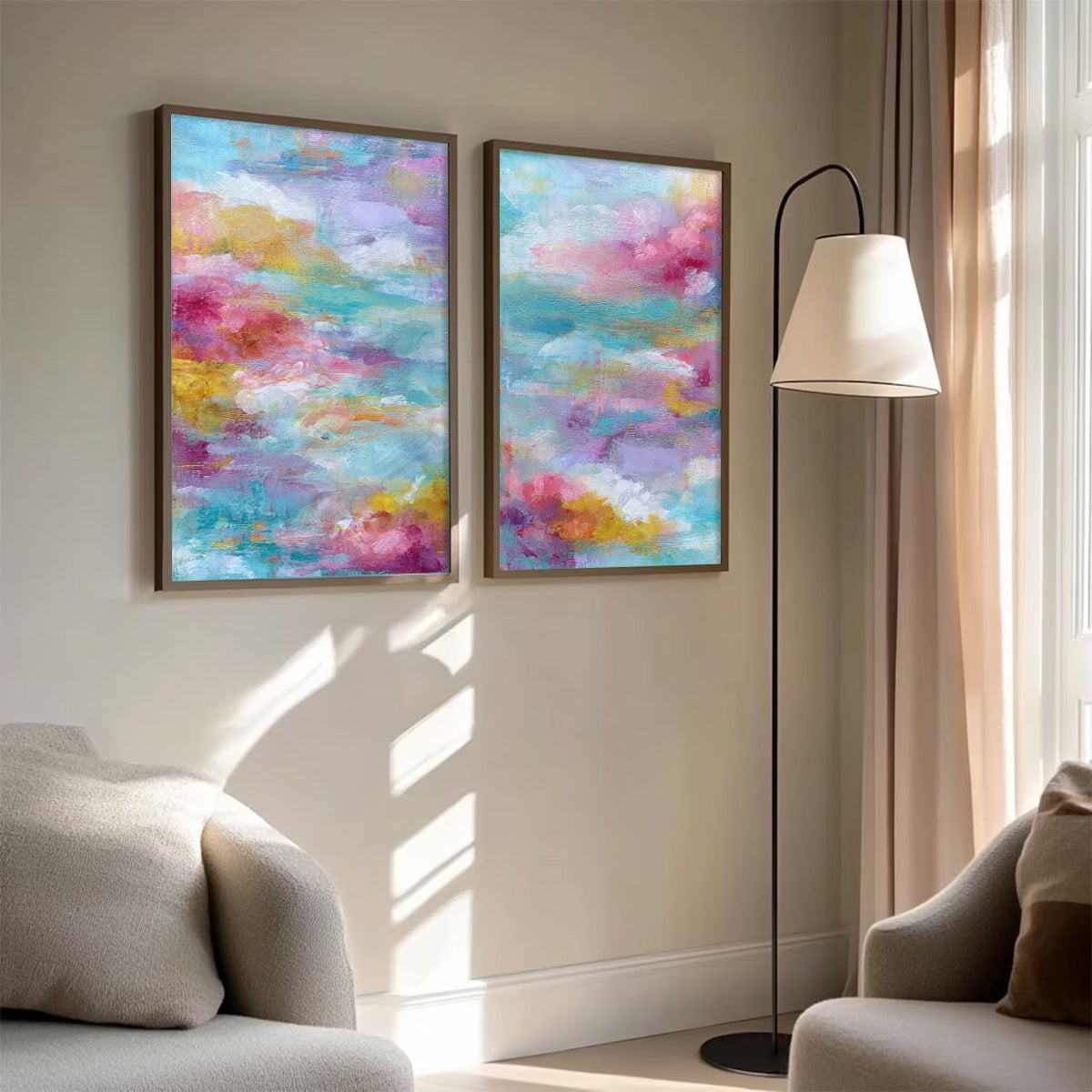 MORNING RAPTURE: Colorful Abstract Cloudscape Painting Set of 2