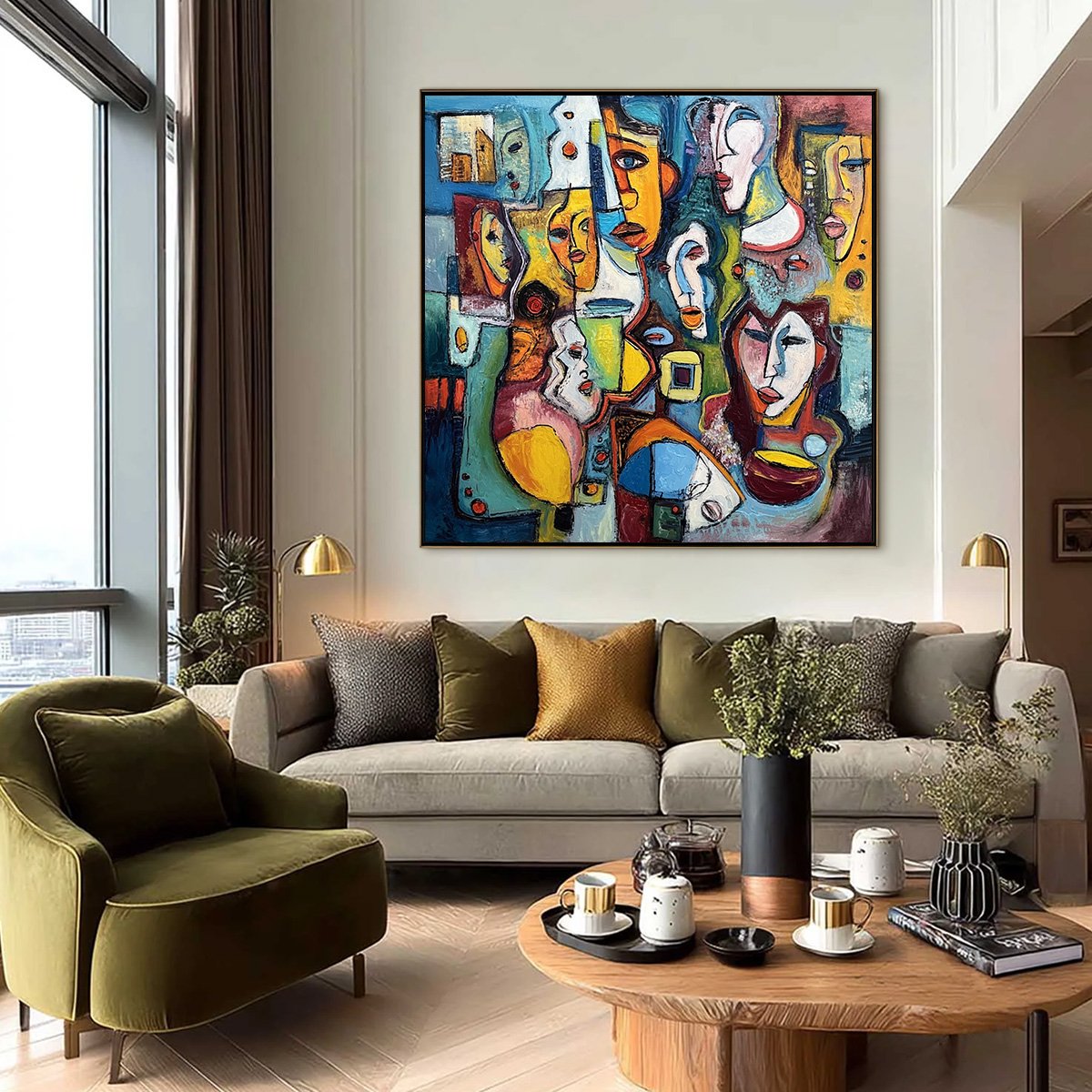 MOSAIC OF MINDS: Colorful Abstract Figurative Faces Oil Painting