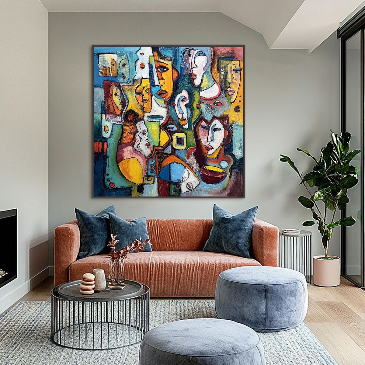 MOSAIC OF MINDS: Colorful Abstract Figurative Faces Oil Painting