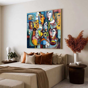 MOSAIC OF MINDS: Colorful Abstract Figurative Faces Oil Painting