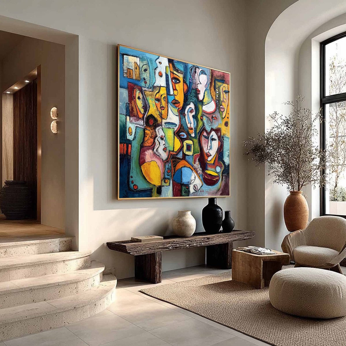 MOSAIC OF MINDS: Colorful Abstract Figurative Faces Oil Painting