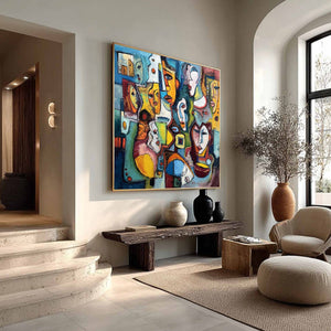 MOSAIC OF MINDS: Colorful Abstract Figurative Faces Oil Painting