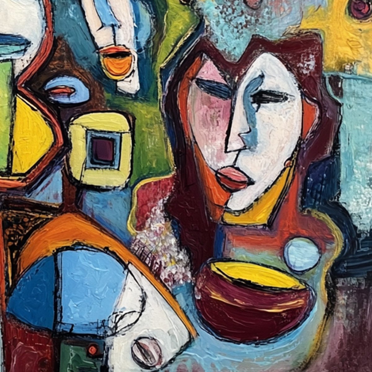 MOSAIC OF MINDS: Colorful Abstract Figurative Faces Oil Painting