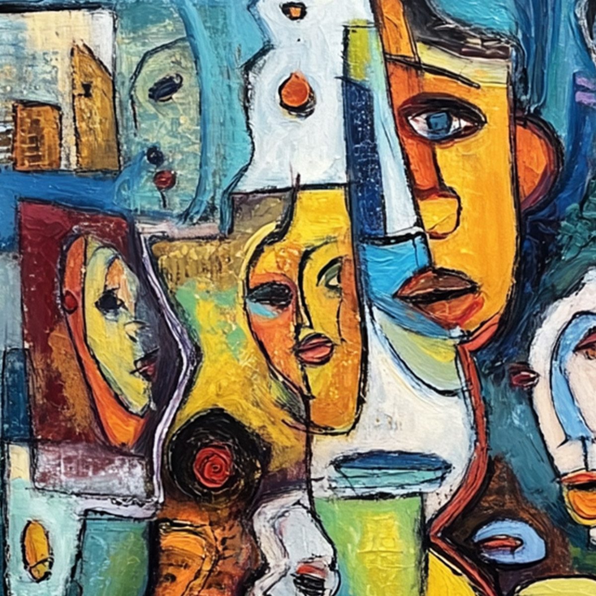 MOSAIC OF MINDS: Colorful Abstract Figurative Faces Oil Painting