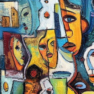 MOSAIC OF MINDS: Colorful Abstract Figurative Faces Oil Painting