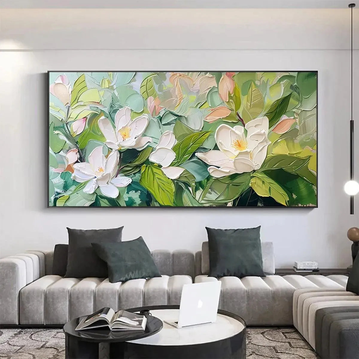 Magnolia Blossoms: Textured Floral Painting | Impasto Wall Art | Horizontal Canvas | Magnolia Decor
