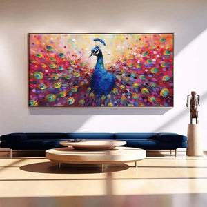 Vibrant peacock oil painting with fanned tail, bold blues and reds, in a modern living room.