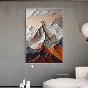 MAJESTIC PEAKS by Liam O'Connell: Impasto mountain painting with earthy tones. Vertical framed artwork for home decor.