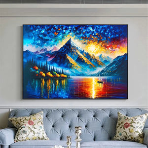Majestic Sunrise: Mountain Landscape Oil Painting with Lake and Sailboat on Canvas