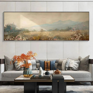 Liam O'Connell's Meadow Valley panoramic landscape painting above sofa in living room.