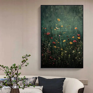 MEADOW'S EMBRACE painting by Elodie Dubois: vertical floral art, wildflowers on dark green, framed, modern decor.