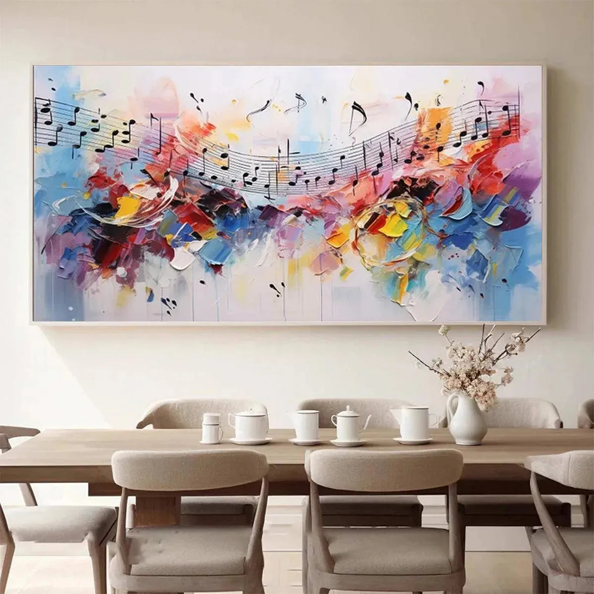 Willow Davies "Melody in Color" abstract art featuring vibrant impasto notes, ideal as modern dining room decor.