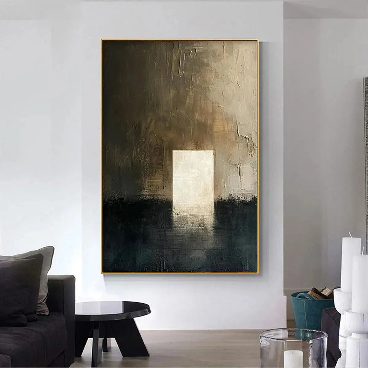 Javier Ramirez 'Minimalist Doorway' abstract art: textured, vertical painting in neutral tones with illuminated rectangle.